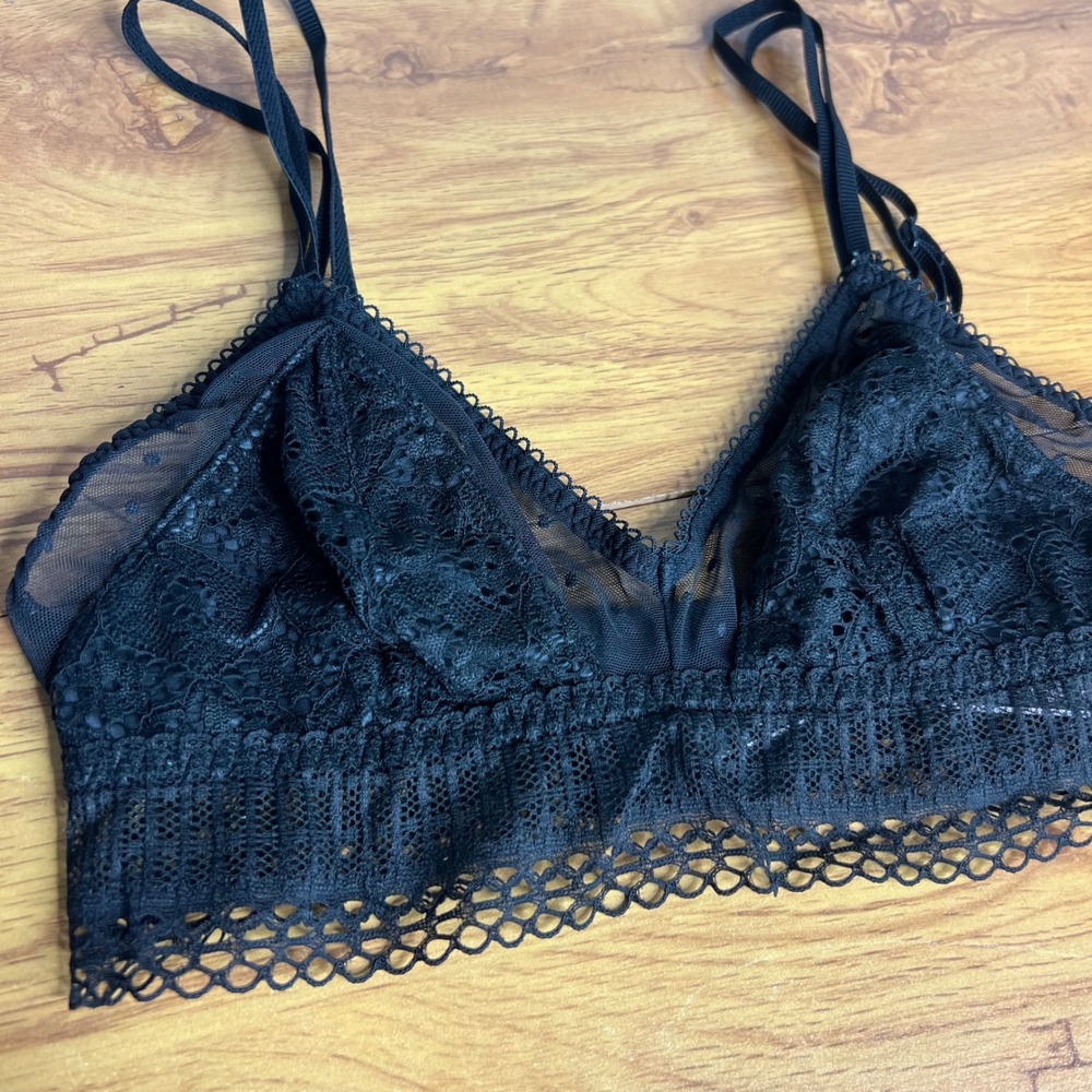 Victorias Secret Bralette XS Black Strappy Lace Swiss Dot Longline Triangle Bra - Picture 4 of 8